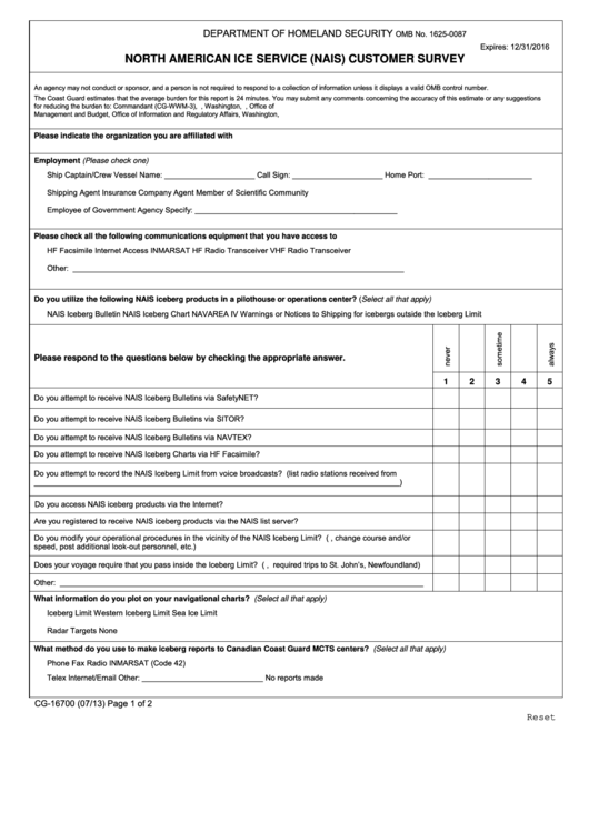 Fillable Form Cg-16700 - Norh American Ice Service Customer Survey Form Printable pdf