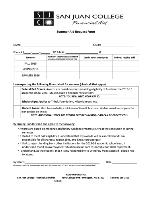 Fillable Summer Aid Request Form Printable pdf