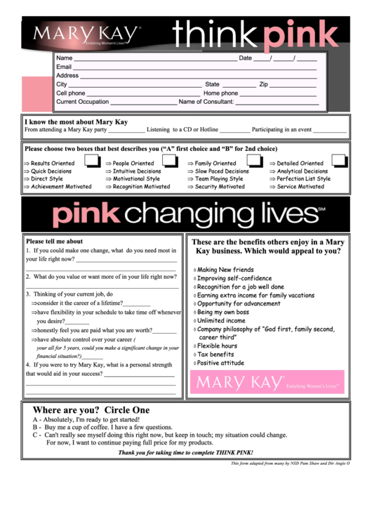 Mary Kay Cosmetic Business Form Printable pdf