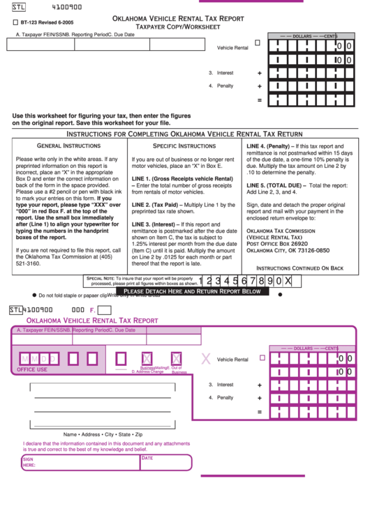 Fillable Form Bt-123 - Oklahoma Vehicle Rental Tax Report Taxpayer Copy/worksheet Printable pdf