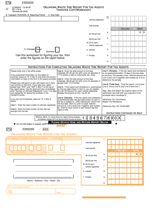 Fillable Form Bt-119-A - Oklahoma Waste Tire Report For Tag Agents Taxpayer Copy/worksheet Printable pdf