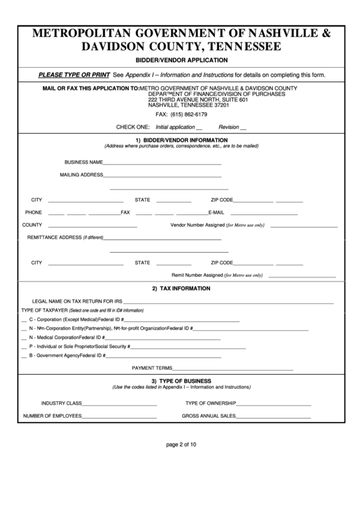Bidder/vendor Application Form - Metro Government Of Nashville & Davidson County Printable pdf