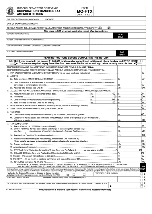 Form Mo-Ftx - Corporation Franchise Tax Amended Return - 2001 Printable pdf