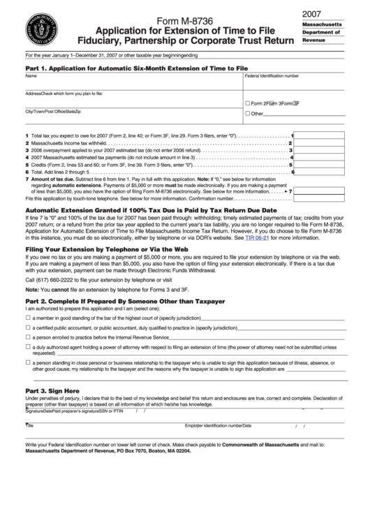 Form M-8736 - Application For Extension Of Time To File Fiduciary, Partnership Or Corporate Trust Return - 2007 Printable pdf