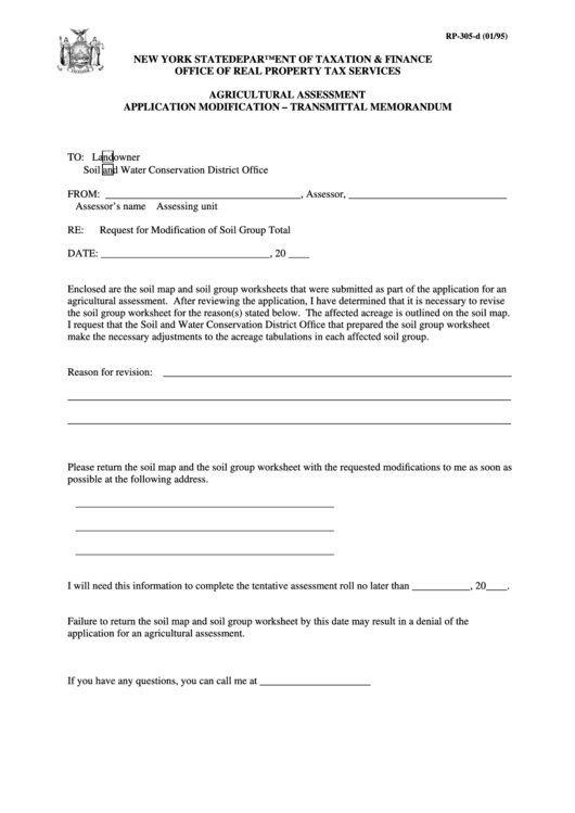 Form Rp-305-D - Agricultural Assessment Application Modification - Transmittal Memorandum Printable pdf