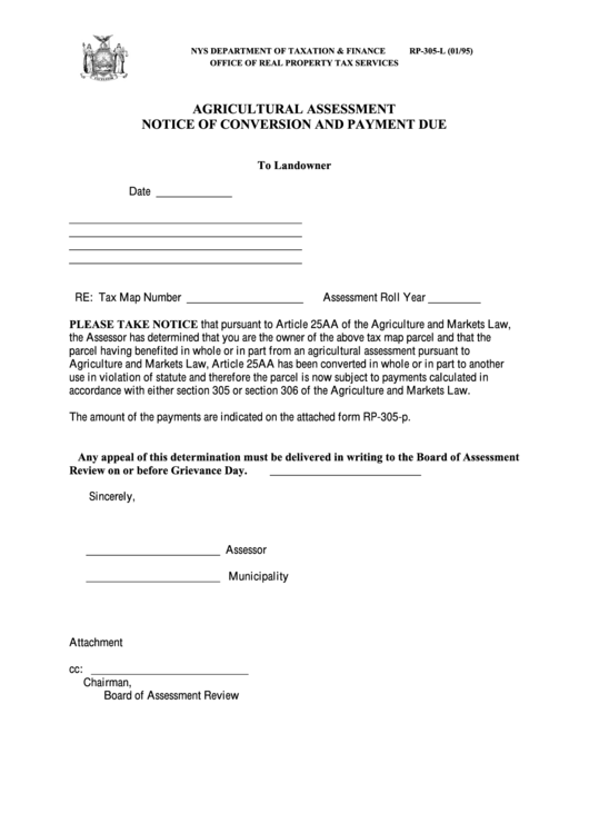 Form Rp-305-L - Agricultural Assessment Notice Of Conversion And Payment Due Printable pdf