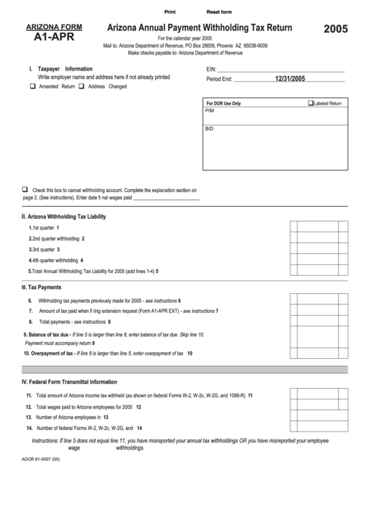 Fillable Arizona Form A1Apr Arizona Annual Payment Withholding Tax