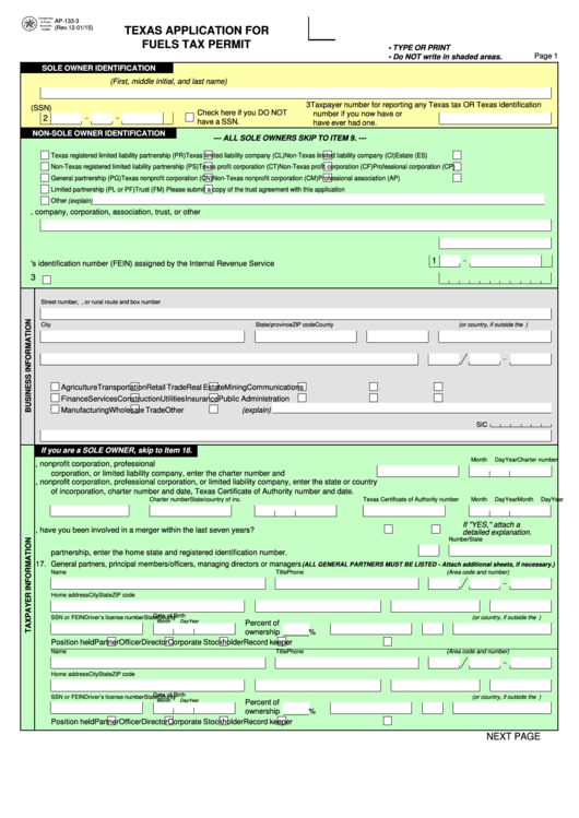 Fillable Form Ap-133-3 - Texas Application For Fuels Tax Permit - 2015 Printable pdf