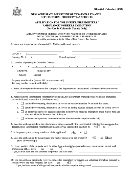 Form Rp-466-D - Application For Volunteer Firefighters / Ambulance ...