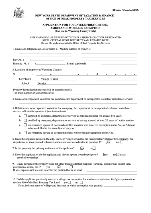 Form Rp-466-C [wyoming] - Application For Volunteer Firefighters / Ambulance Workers Exemption - 2007 Printable pdf