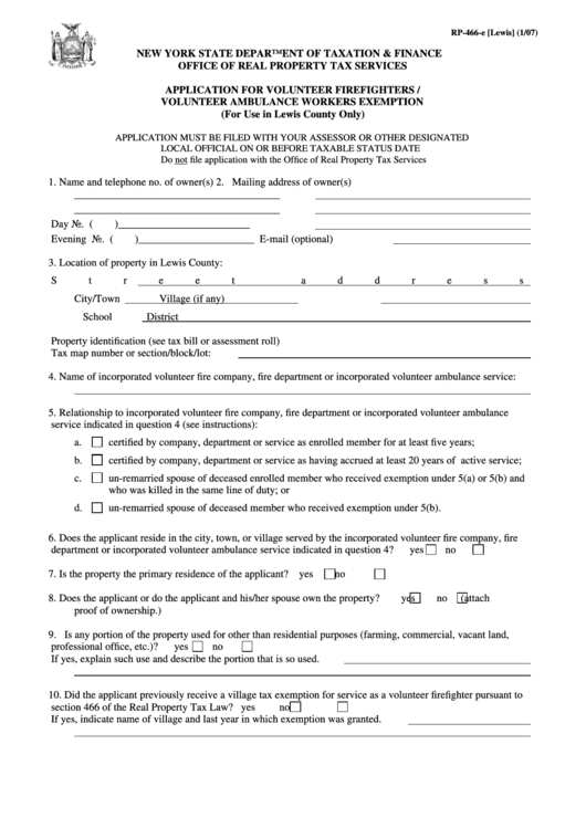 Form Rp-466-E - Application For Volunteer Firefighters/volunteer Ambulance Workers Exemption, Lewis - 2007 Printable pdf