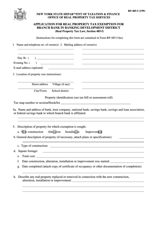 Form Rp-485-F - Application For Real Property Tax Exemption For Branch Bank In Banking Development District - 1999 Printable pdf