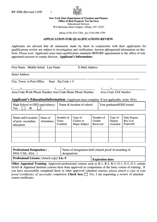 Form Rp-3006 - Application For Qualifications Review Printable pdf