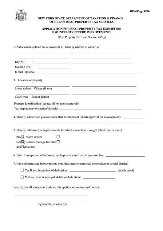Form Rp-485-G - Application For Real Property Tax Exemption For Infrastructure Improvements Printable pdf