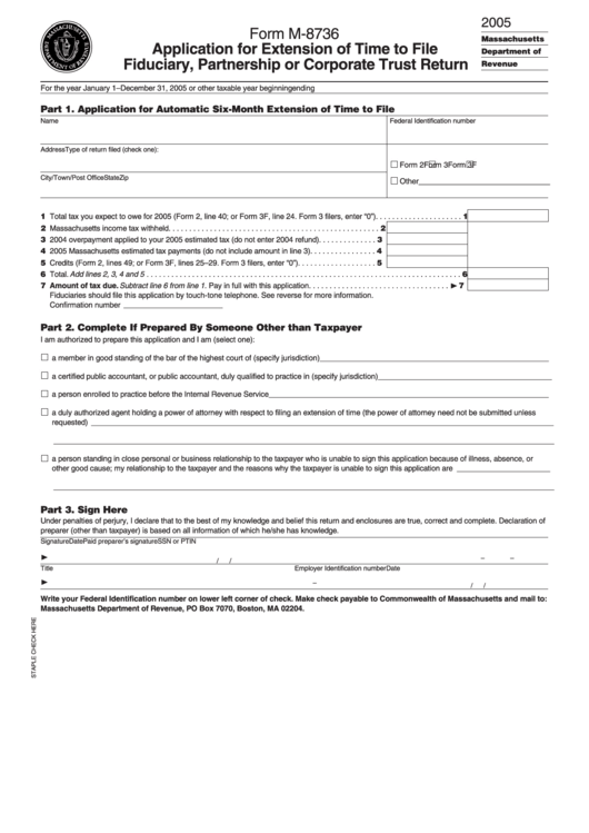 Form M-8736 - Application For Extension Of Time To File Fiduciary, Partnership Or Corporate Trust Return - 2005 Printable pdf