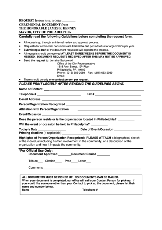 Fillable Request For A Ceremonial Document Form From The Honorable James F. Kenney Mayor, City Of Philadelphia Printable pdf