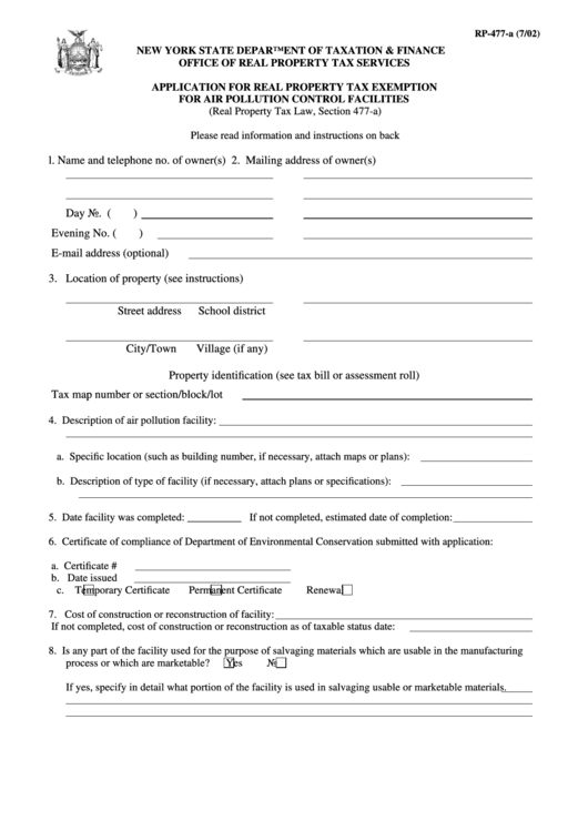 Form Rp-477-A - Application For Real Property Tax Exemption For Air Pollution Control Facilities Printable pdf