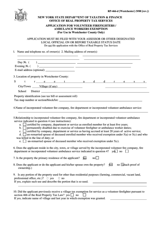 Form Rp-466-D [westchester] - Application For Volunteer Firefighters / Ambulance Workers Exemption - 2008 Printable pdf