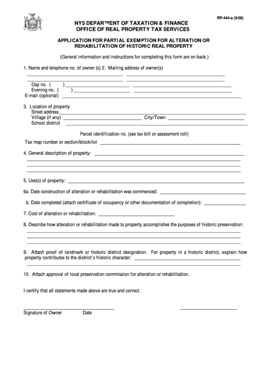 Form Rp-444-A - Application For Partial Exemption For Alteration Or Rehabilitation Of Historic Real Property Printable pdf