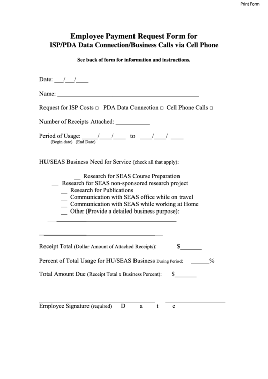 Fillable Employee Payment Request Form For Isp/pda Data Connection/business Calls Via Cell Phone Printable pdf