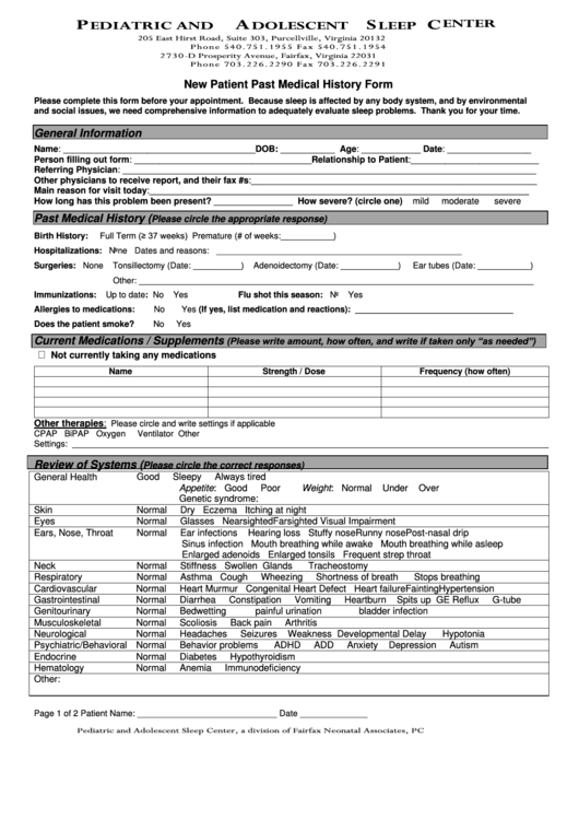 New Patient Past Medical History Form