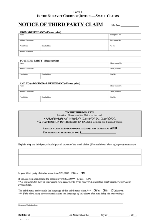Form 4 - Notice Of Third Party Claim Printable pdf