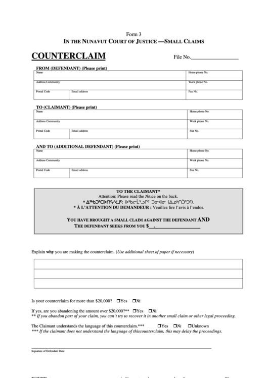 Fillable Form 3 - Counterclaim Form Printable pdf