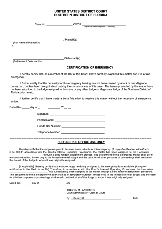 Fillable Certification Of Emergency Form Printable pdf