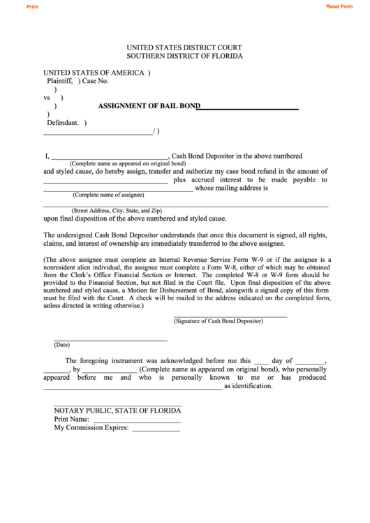 Fillable Assignment Of Bail Bond Form Printable pdf