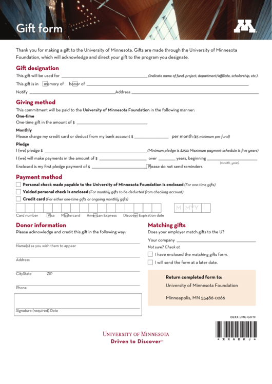 Fillable Gift Form - Gift Designation - Giving Method Printable pdf
