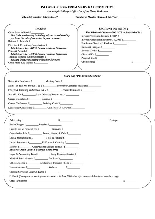 Mary Kay Independent Consultant Tax Worksheet Printable pdf