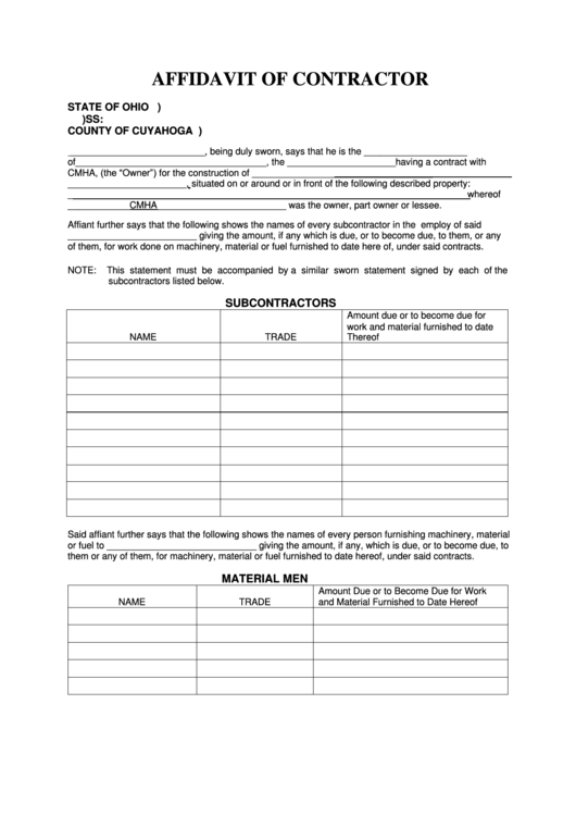 Fillable Affidavit Of Contractor Form Printable pdf