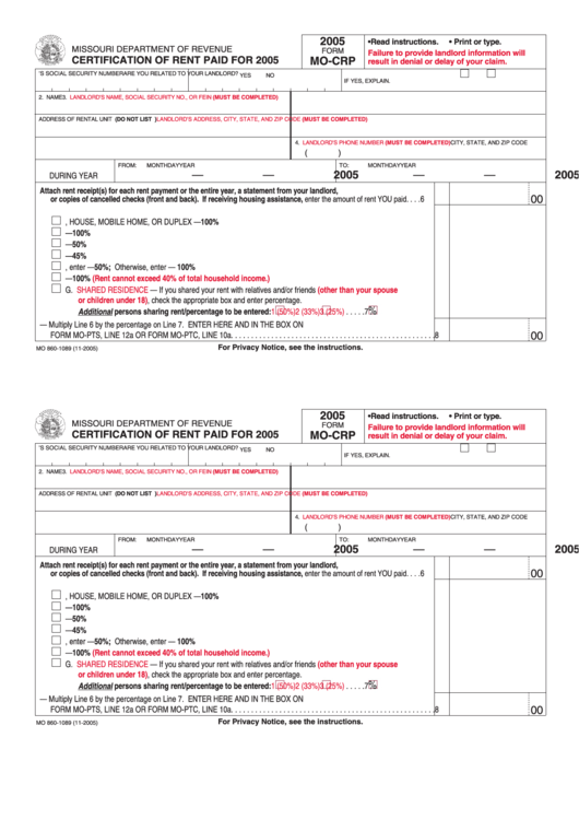 Form Mo-Crp - Certification Of Rent Paid For 2005 Printable pdf