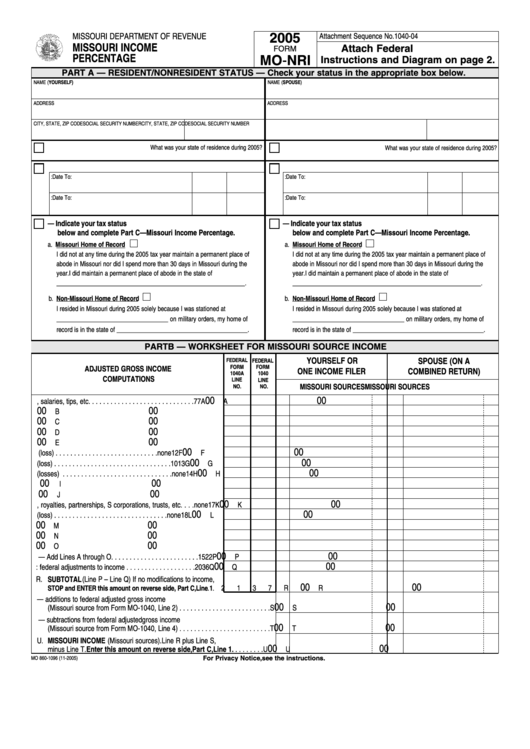 Form Mo-Nri - Missouri Income Percentage - 2005 Printable pdf