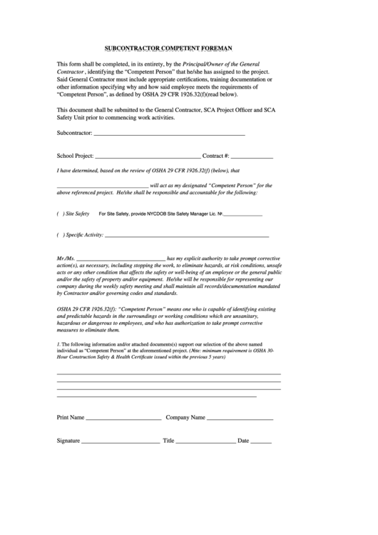 Form Of Subcontractor Competent Foreman printable pdf download