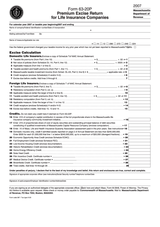 Form 63-20p - Premium Excise Return For Life Insurance Companies - 2007 Printable pdf
