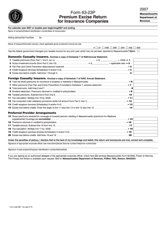Form 63-23p - Premium Excise Return For Insurance Companiesm - 2007 Printable pdf