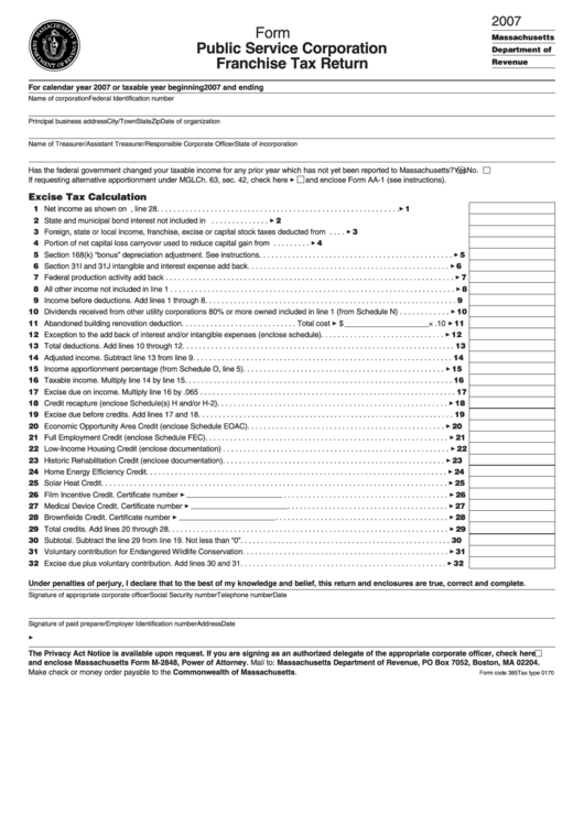 Form P.s.1 - Public Service Corporation Franchise Tax Return - 2007 Printable pdf