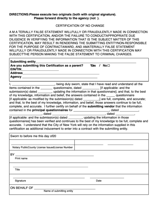 Certification Form Of No Change Printable pdf