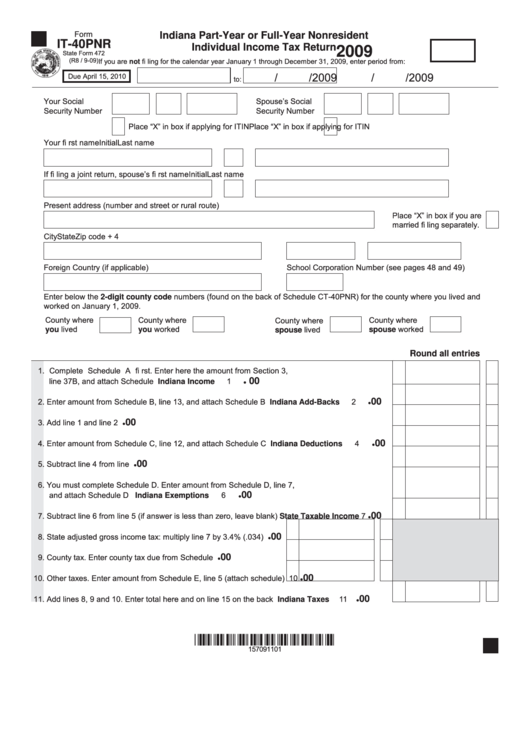 Fillable Form It-40pnr - Indiana Part-Year Or Full-Year Nonresident Individual Income Tax Return - 2009 Printable pdf