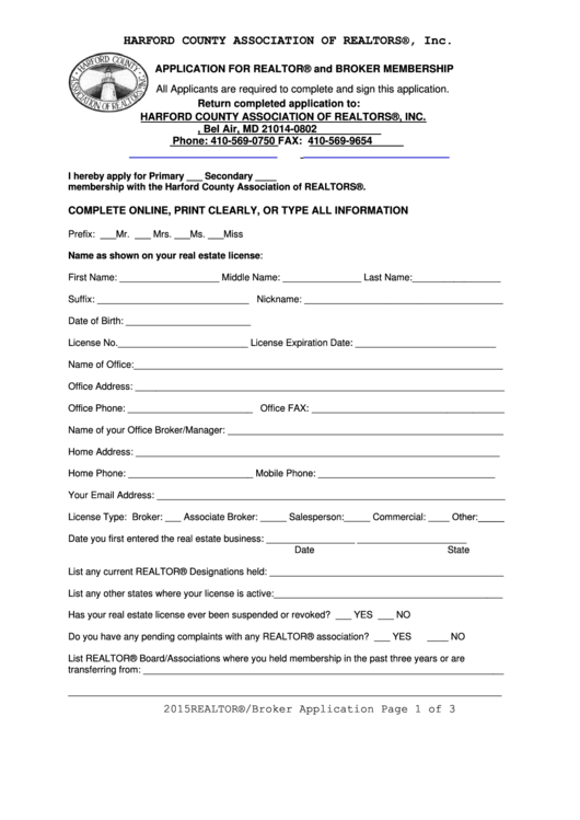 Fillable Application Form For Realtor And Broker Membership Printable pdf