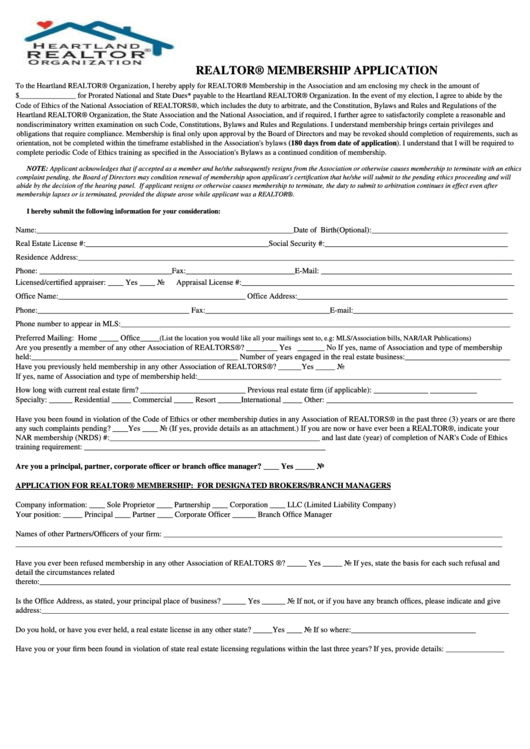 Realtor Membership Application Form Printable pdf