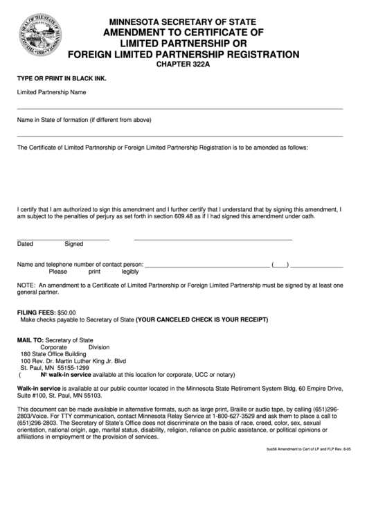 Fillable Amendment To Certificate Of Limited Partnership Or Foreign Limited Partnership Registration 2005 Printable pdf