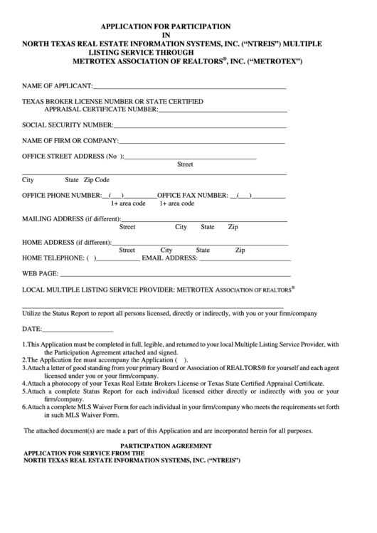 Application Form For Participation In North Texas Real Estate Information System Printable pdf
