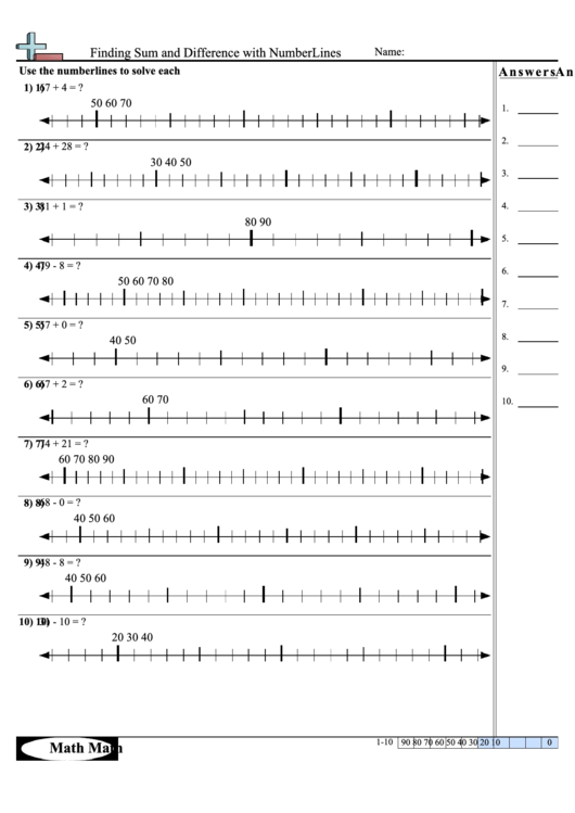 Finding Sum And Difference With Numberlines Worksheet Printable pdf