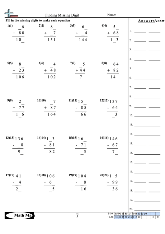 Finding Missing Digit Worksheet printable pdf download