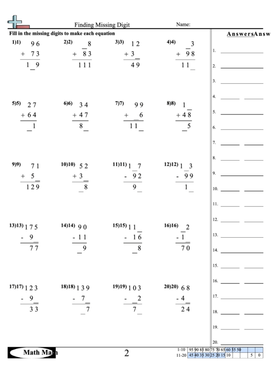 Finding Missing Digit Worksheet printable pdf download