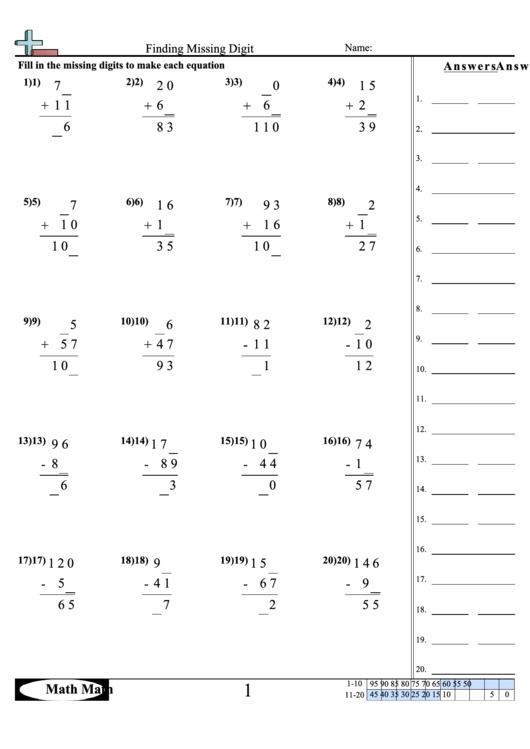 Finding Missing Digit Worksheet printable pdf download