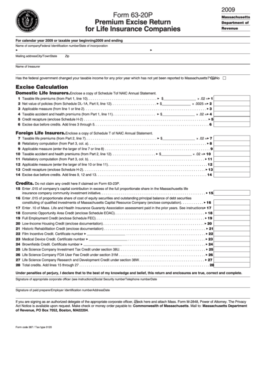 Form 63-20p - Premium Excise Return For Life Insurance Companies - 2009 Printable pdf