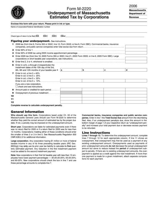 Form M-2220 - Underpayment Of Massachusetts Estimated Tax By Corporations - 2006 Printable pdf